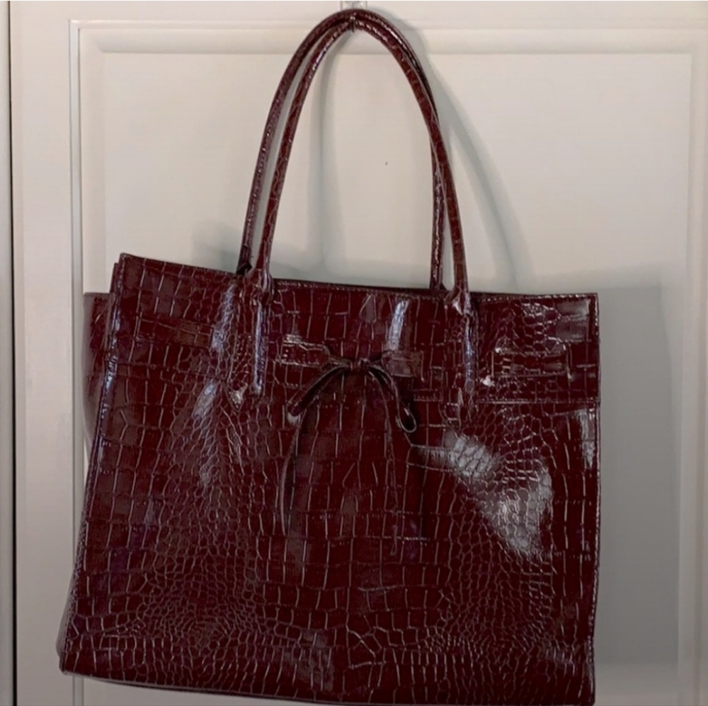 Jessica Simpson handbag red tote faux reptile print large
